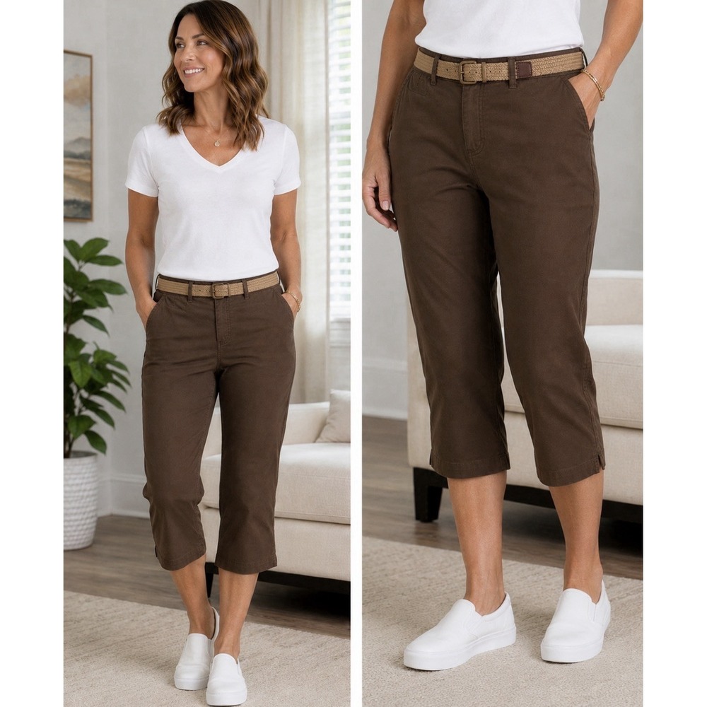 Kim Rogers Women's Brown Stretch Capri belted Pants Size 12 NWT Cotton